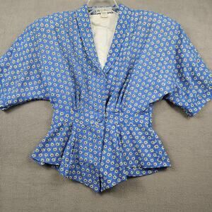 Vintage Argenti Pure Crop Top Blouse Floral Padded Shoulder Cottage Boho V Hem